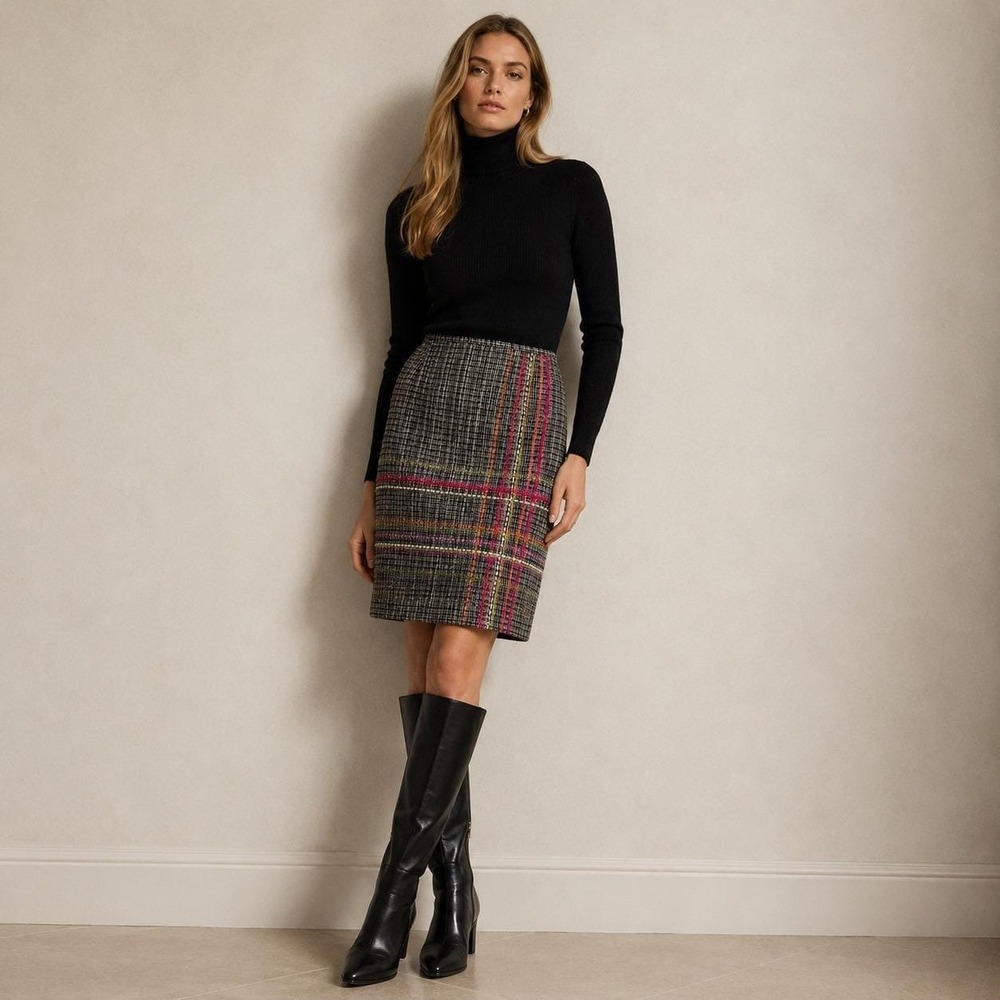 Kay Unger Tweed Plaid Skirt Womens 12 Black Preppy Classic Office Autumn Fall